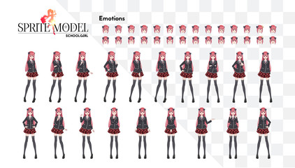 Set of emotions. Sprite full length character for game visual novel. Anime manga girl, Cartoon character in Japanese style. In a white shirt, a red skirt in a cage, a tie and black stockings-tights