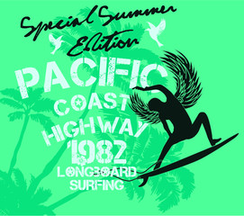 pacific ocean surfer print and embroidery graphic design vector art