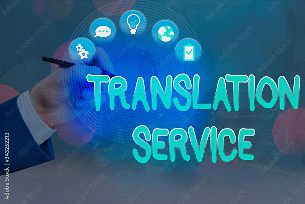 Aufkleber text sign showing translation service. business photo text the equivalent target language from the m