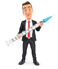 3d businessman standing and holding syringe