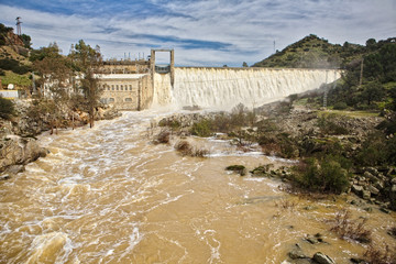 Panoramic view of the dam and the central hydroelectric reservoir of Encinarejo, near Andujar, Sierra Morena, province of Jaen, Andalusia, Spain