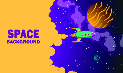 Horizontal space banner with text. Planets, stars, a rocket, and the milky way. Vector illustration in flat style.