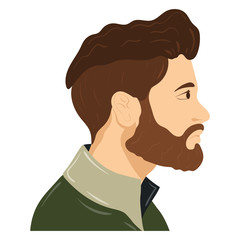 A man with brown curly hair and a large beard looks into the distance. The guy stands sideways and peers forward. European, Englishman, American, Canadian, Irish. Vector flat cartoon illustration.