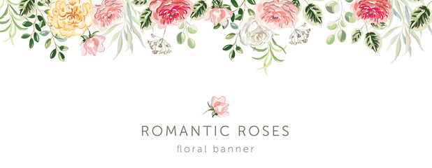 Border of pink, yellow rose flowers, forest green leaves, white background. Wedding invitation banner frame. Vector illustration. Floral arrangement. Design template greeting card
