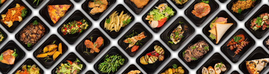 Collection of black plastic take away boxes with healthy food. Set of containers with everyday meals - meat, vegetables and law fat snacks on black background