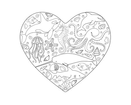 Illustration in the form of a heart with sea inhabitants inside - vector linear picture for coloring. Vector picture with fish, marine mammals and mollusks. I love the ocean. ecology theme.
