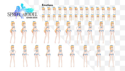 Sprite full length character for game visual novel. Anime manga girl, Cartoon character in Japanese style. In a summer bikini swimsuit. Set of emotions