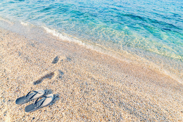 summer concept beach background vacation and travel concept, Flat lay top view copy space Minimal exotic concept. Creative layout of sea stones and sea