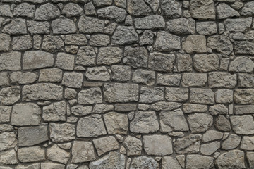 Cobblestone texture.Marble and granite drainage system closeup.Concrete wall with gravel. Gray foundation of the house.