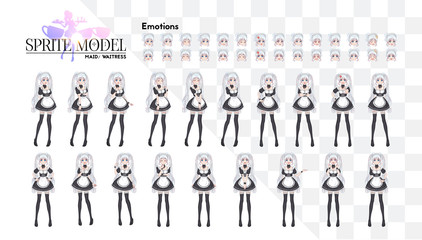 Sprite full length character for game visual novel. Anime manga girl, Cartoon character in Japanese style. Costume of maid cafe. Set of emotions