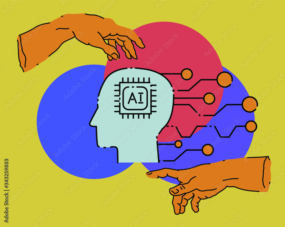 Poster The creation of Adam in futuristic style with circuit elements. Two hands goind to touch together, sybolism of connection, cyberfuture and robots.