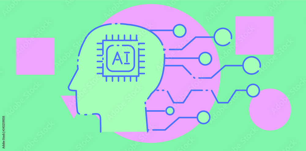 Poster Head with circuit elements.The analytical system, Neural networks and artificial intelligence concept. Simple line art style vector illustration for logotype or cover.