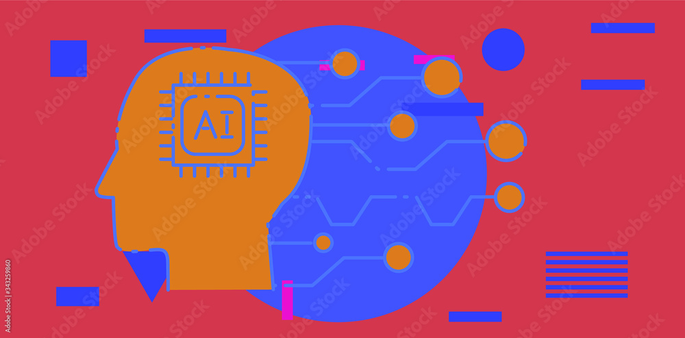 Aufkleber Head with circuit elements.The analytical system, Neural networks and artificial intelligence concept. Simple line art style vector illustration for logotype or cover.