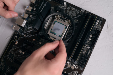 Engineer plugging CPU microprocessor to motherboard socket. Computer technology hardware...