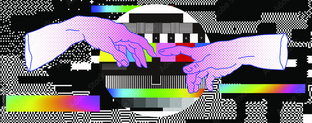 Poster The Creation of Adam on No Signal TV backgound. Vaporwave style Collage with hand drawn illustration from a section of Michelangelo's fresco Sistine and RGB Bars with VHS glitch effect.