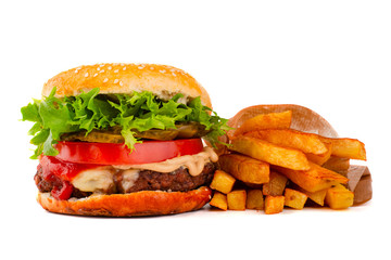 Hamburger with french fries on white