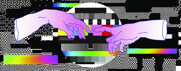 The Creation of Adam on No Signal TV backgound. Vaporwave style Collage with hand drawn illustration from a section of Michelangelo's fresco Sistine and RGB Bars with VHS glitch effect. - obrazy, fototapety, plakaty
