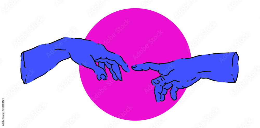 Poster the creation of adam. vector hand drawn illustration from a section of michelangelo's fresco sistine
