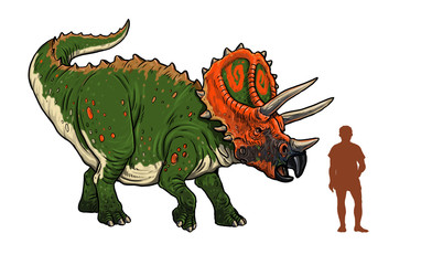 Herbivorous dinosaur - Triceratops. Comparison between dinosaur and human. Dino coloring page.