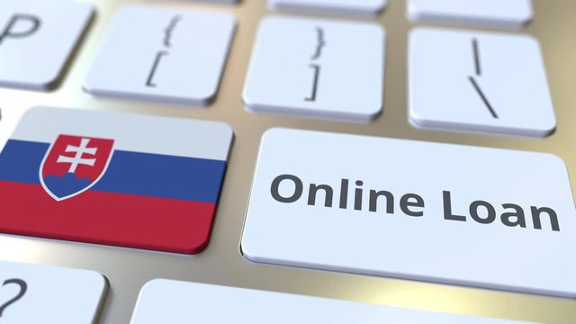 Online Loan text and flag of Slovakia on the keyboard. Modern credit related conceptual 3D animation