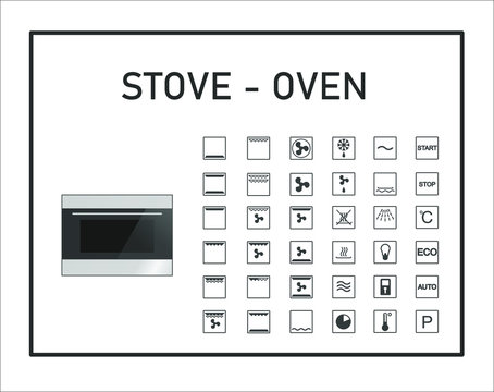 Oven manual icon set. Instructions symbols. Stove exploitation manual. Instructions and function description. Vector isolated graphic illustration. 