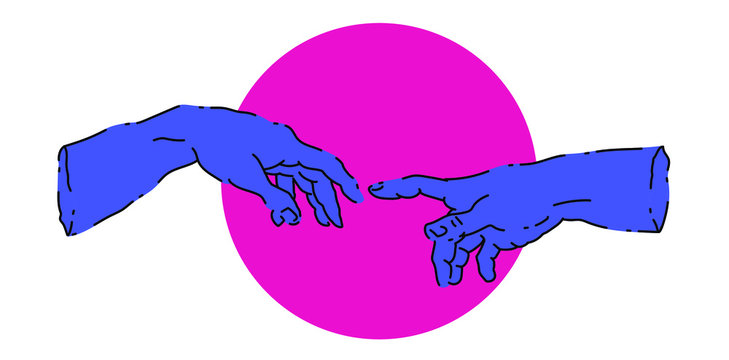 The Creation of Adam. Vector hand drawn illustration from a section of Michelangelo's fresco Sistine Chapel ceiling in vaporwave style. Fashion print for t-shirt or cover.