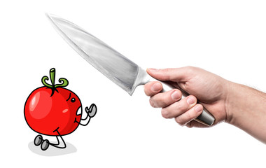 Man hand holding knife, tomato is kneeling. Photo and color flat illustration