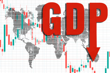 Stock charts, the GDP label with a down arrow, and a world map. Deterioration of economic indicators. Global economic crisis. Decrease in industrial production.