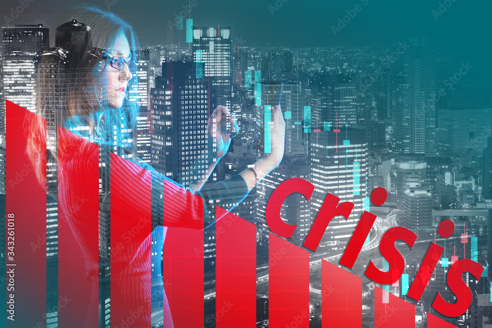 Poster the word crisis slides down on a declining schedule. deterioration of economic indicators. economic 