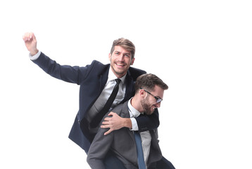 happy businessman carrying his colleague on the piggyback