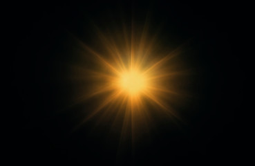 Abstract orange sparkling light rays and lighting flare bokeh against on dark black