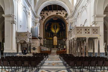 Fototapeta na wymiar The interior of Salerno Cathedral (Duomo di Salerno) with two decorated pulpits, Campania, Italy