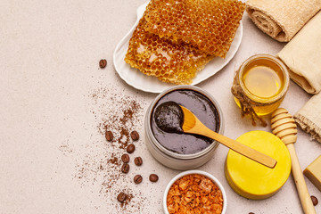Spa concept. Self care with honey, coffee and turmeric. Natural organic cosmetics, homemade product, alternative lifestyle