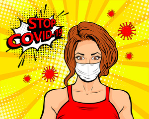 Girl in a protective mask. Protection against viruses of coronavirus, bacteria, smog, COVID-19. Pop art retro comic book style vector illustration.