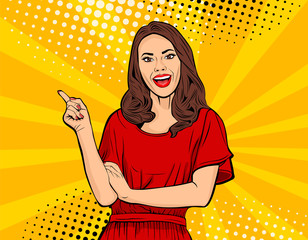Pop art girl pointing at something