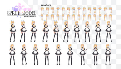 Sprite full length character for game visual novel. Anime manga girl, Cartoon character in Japanese style. Costume of maid cafe. Set of emotions