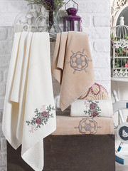 Stack of clean soft colorful towels. 