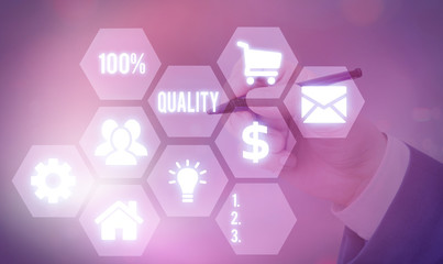 Word writing text 100 Percent Quality. Business photo showcasing Guaranteed pure and no harmful chemicals Top Excellence