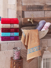 Stack of clean soft colorful towels. 