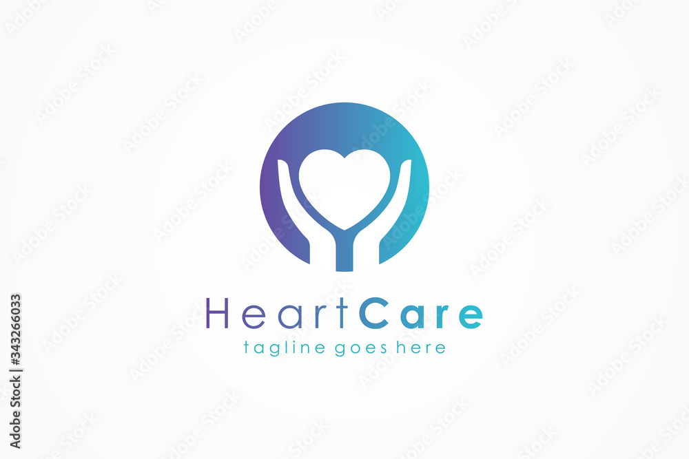Poster abstract health care logo. blue gradient circle shape with negative space heart icon and two hands s