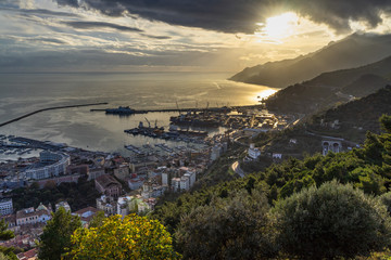 Scenic aerial view at sunset of Salerno and Amalfi coast from Arechi castle. Salerno, Campania, Italy, December 2019