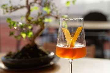 Yellow cocktail with lemon zest in wineglass, sun lit