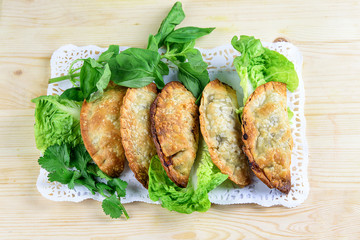 Group of deep fried empanadas with green on the white plate. Fast food concept.