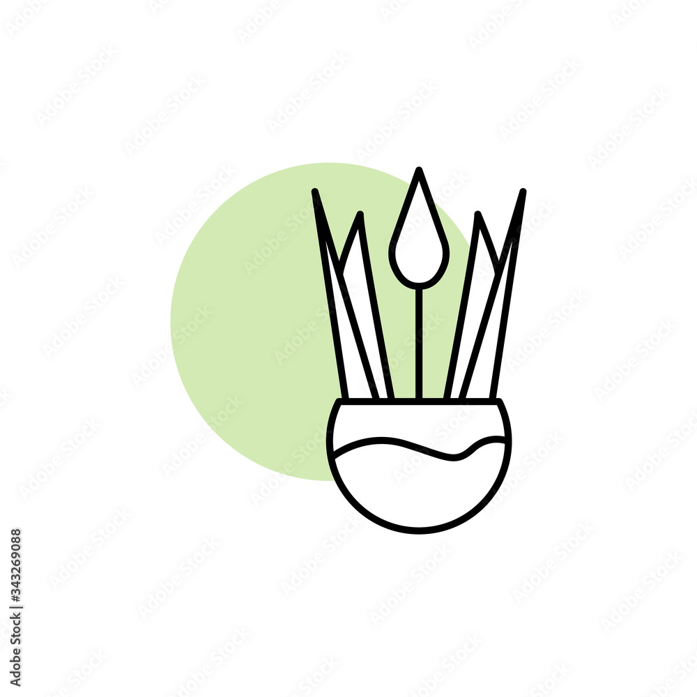 Poster flaming sword, flower icon. simple line, outline vector elements of flora with green circle for ui a
