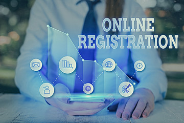 Writing note showing Online Registration. Business concept for Process to Subscribe to Join an event club via Internet