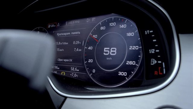 modern electronic speedometer shows the speed in motion