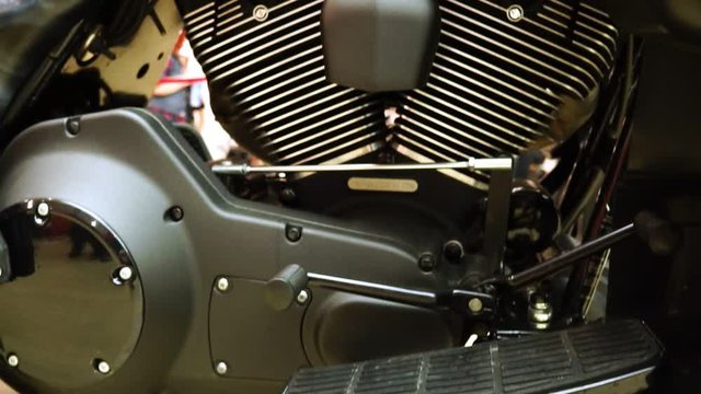 Exhibition of motorcycles, V shaped motorcycle engine closeup