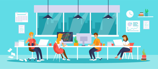 People work together in office or coworking space. Men and women sitting at the desk with computers