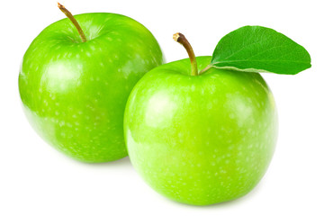 green apples with green leaves isolated on white background