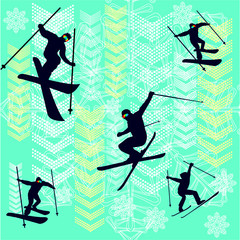 winter sport snowflake and skier print and embroidery graphic design vector art